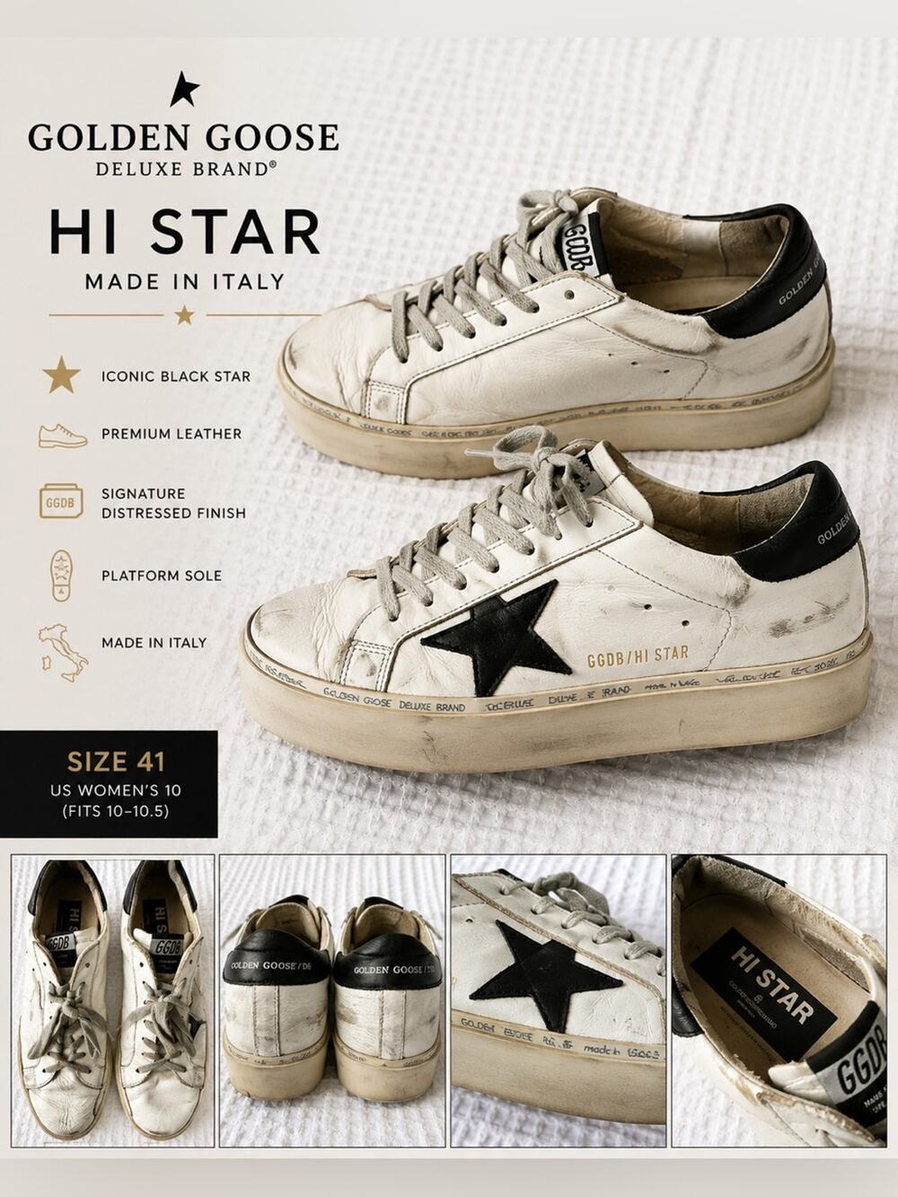 Golden Goose Hi Star Sneakers Leather Platform Shoes EU 41 US 10 GGDB Italy